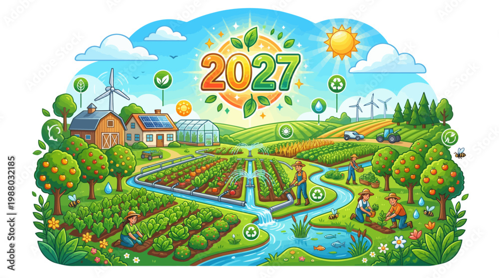 Naklejka premium 2027 Sustainable Agriculture Concept Illustration with Farmers Working in Eco-Friendly Organic Fields, Wind Turbines, Solar Panels, and Smart Irrigation System
