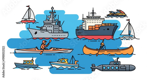 Collection of various watercraft and boats on blue background.