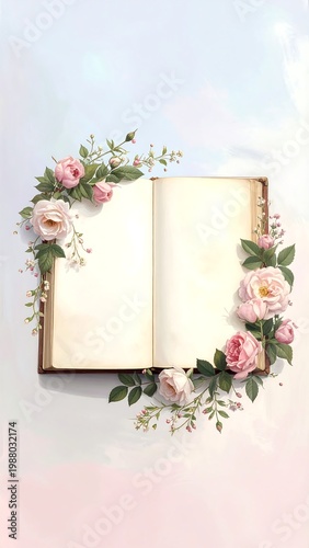 A serene scene of an open book adorned with pink roses