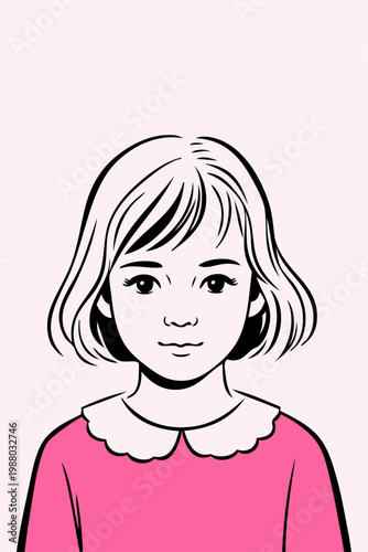 Logotipo de boutique de moda infantil. Dibujo minimalista con líneas de la cara de una niña vestida con una blusa y un suéter de color rosa 