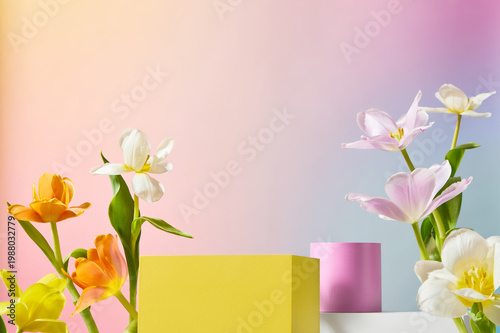 Colorful tulips frame yellow and pink podiums on a soft gradient background. Bright summer tones create a playful, modern setting for product advertising.