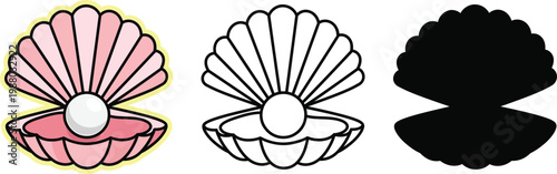 Three clamshell illustrations, full color, line art, and silhouette pearl images