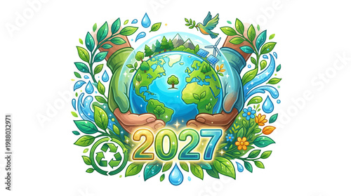 Eco-Friendly Concept Illustration for Year 2027 Featuring Human Hands Protecting the Planet Earth Surrounded by Lush Green Leaves, Solar Panels, and Recycling.