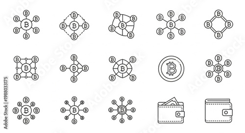 Blockchain network diagrams and cryptocurrency wallet icons.