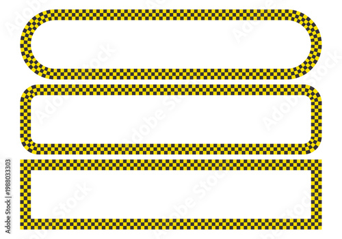 Colección de tres banners rectangulares con bordes de patrón de cuadros amarillos y negros