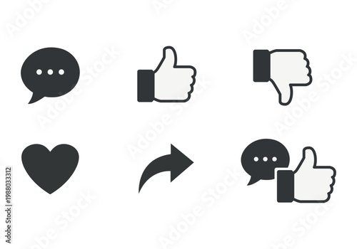 Conjunto de iconos minimalistas para redes sociales que incluyen reacciones de me gusta y comentarios