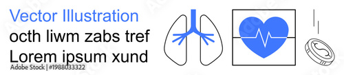 Medical, health monitoring, disease prevention, digital health, diagnostics, cardiology. A set of health symbols including heart with heartbeat and lungs. Medical and health monitoring