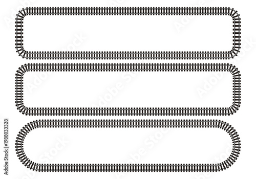 Tres marcos rectangulares formados por vías de tren con esquinas de diferente redondeado