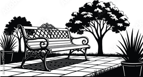 Vintage park scene a black and white illustration of relaxation