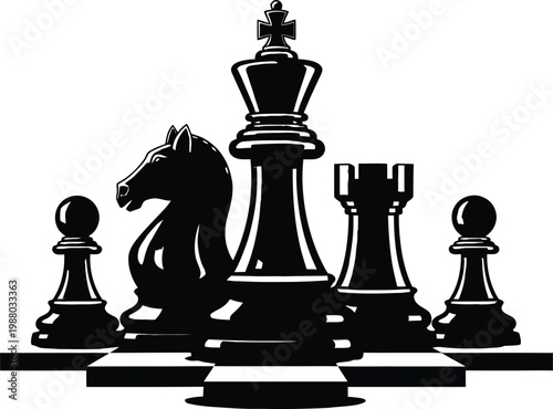 Black and white chess pieces arrangement a strategic game composition