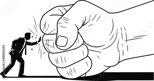 Overwhelmed a small figure confronts an immense looming fist