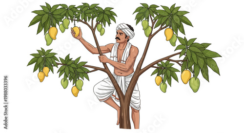 Illustration of an Indian farmer harvesting ripe mangoes during the Alphonso mango season in India, set against a clean white background with vibrant colors, depicting summer mango