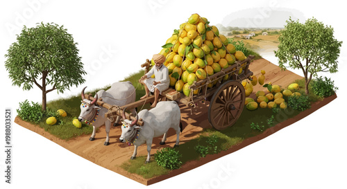 During the Indian mango season, a farmer transports a harvest of juicy Alphonso mangoes on a wooden cart pulled by white oxen through a rural landscape, captured with a bright and sunny
