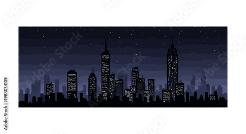 Pixel art illustration depicting an Earth Hour blackout over a dark city skyline, showcasing sustainability and the darkened cityscape with twinkling stars in the night sky, rendered