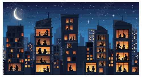 Digital illustration depicts a cityscape during an Earth Hour blackout, emphasizing sustainability with darkened buildings contrasted by windows showing silhouettes of people in a dark city