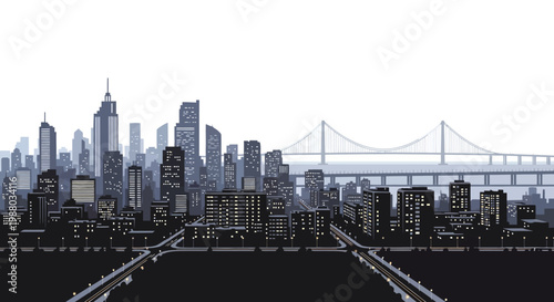 A minimalist cityscape illustration depicts Earth Hour with a dark blackout of the urban skyline and bridge, highlighting sustainability through a monochromatic color scheme on a bright