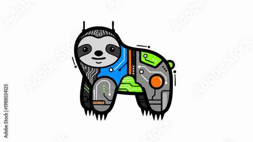 Futuristic mechanical sloth illustration with circuit board patterns.