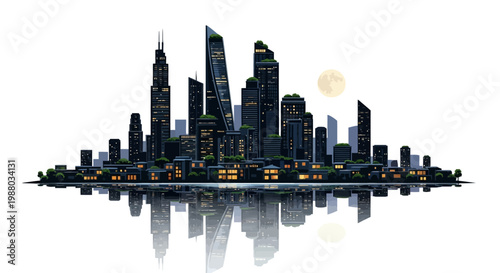 A dark city illustration symbolizes Earth Hour and sustainability efforts during a blackout, featuring a cityscape with illuminated windows against a white background and a reflection