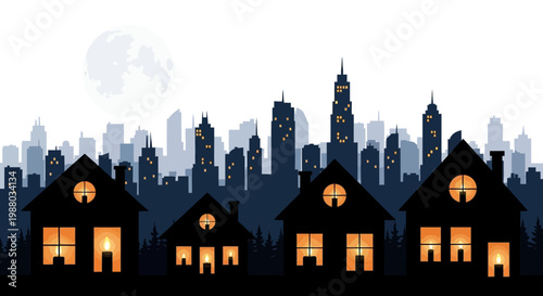 A dark city illustration depicts sustainability during an Earth Hour blackout with glowing candles in houses against the cityscape, creating a silhouette effect with minimalist details