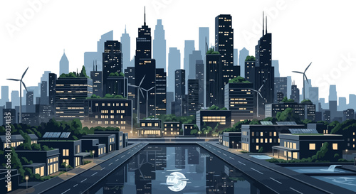 An Earth Hour illustration depicts a dark city skyline during a sustainability blackout, showing a cityscape with scattered lights, reflecting in a central waterway, conveying a mood