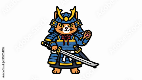 Cute cat wearing traditional samurai armor with a katana sword.