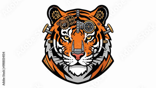 Steampunk tiger head mascot illustration with mechanical gears.
