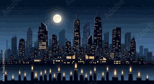A dark city illustration depicts a cityscape at blackout during Earth Hour, emphasizing sustainability with candles illuminating the foreground against a night sky, showcasing environmental