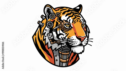 Futuristic cyborg tiger head illustration with mechanical gear parts.