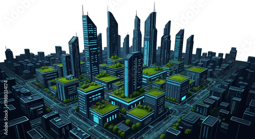 An illustration depicts a sustainable cityscape experiencing Earth Hour, rendered with dark tones to symbolize a blackout, highlighting sustainability within a modern urban environment