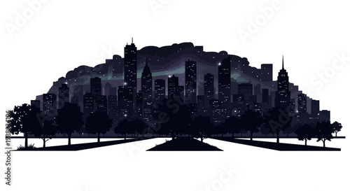 A cityscape illustration depicting Earth Hour and a sustainability blackout, showcases a dark city skyline with silhouetted buildings and trees against a white background, creating a somber