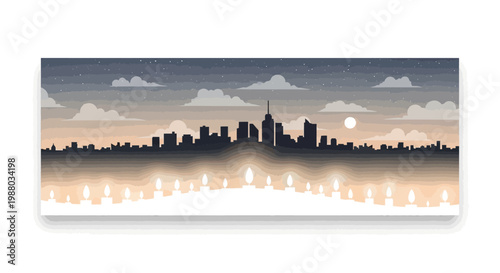 Illustration showcasing the Earth Hour blackout in a dark city, representing sustainability with the cityscape silhouette reflected below, rendered in muted tones against a textured sky