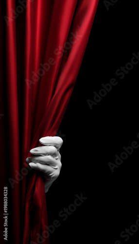 Hand holding a red curtain