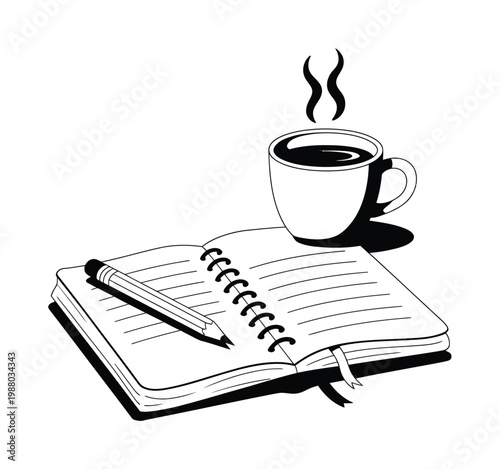 A steaming cup of coffee sits beside an open notebook with a pencil