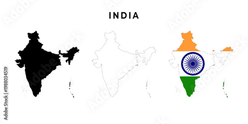 India abstract map set on white background. India Map with Flag, black map and outline map.