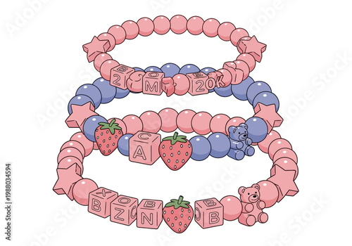 Three Kawaii Beaded Friendship Bracelets with Letter Beads, Strawberries, and Gummy Bear Charms on White Background