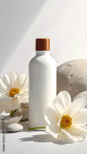 A serene still life with flowers, bottle, and stone on white