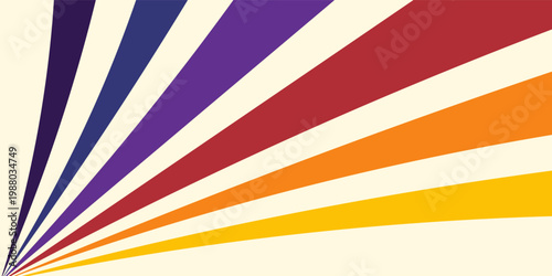 Abstract colorful 70s background vector. Vintage retro wallpaper with rainbow stripes and wavy lines. A 1970 color illustration suitable for posters, banners, decorative items and wall art.