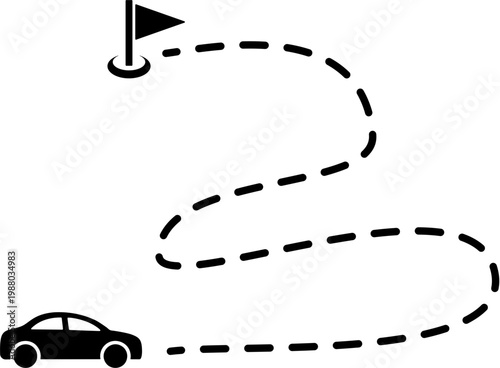 Car drives around racing track to flag