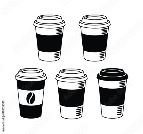 Five stylized coffee cups with black sleeves and lids, one with a coffee bean