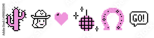 Cowgirls disco pixel art icons on white background. Cowboy hat, disco ball, lucky horse, cactus icon emoji set. Y2K pink retro party barbie style karaoke isolated pixel vector illustration