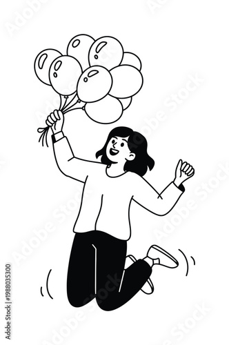 Joyful Person Jumping with a Bunch of Balloons