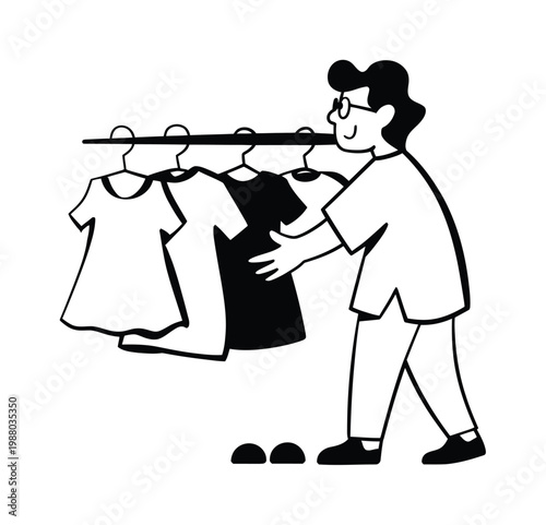 Person choosing clothes from a rack, simple line