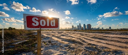 Sold Real Estate Sign on Vacant Land Near City Skyline at Sunset