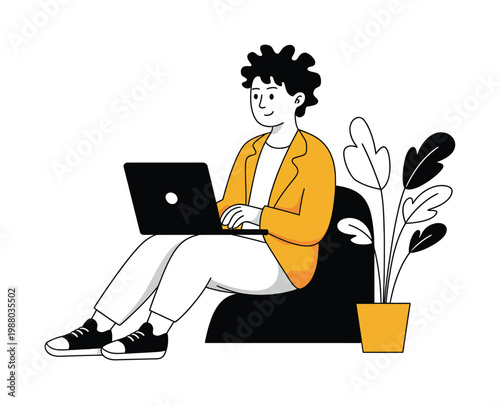 Person working on a laptop, sitting comfortably with a plant nearby
