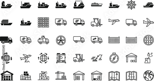 Logistics icons depict global transportation, supply chain management, warehouse operations, and international shipping infrastructure.