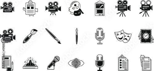 Media production icons feature essential tools for filmmaking, broadcasting, creative arts, and professional journalistic recording equipment.