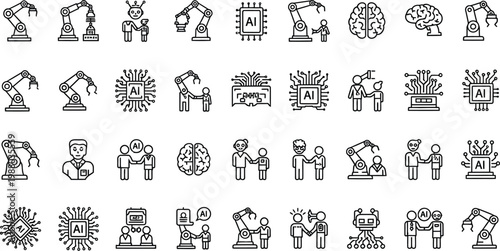 Artificial intelligence icons illustrate the intersection of robotic automation, human collaboration, and advanced neural network processing.