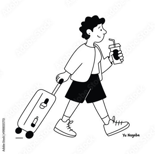 Stylized of a Person with a Suitcase and Drink on the Go