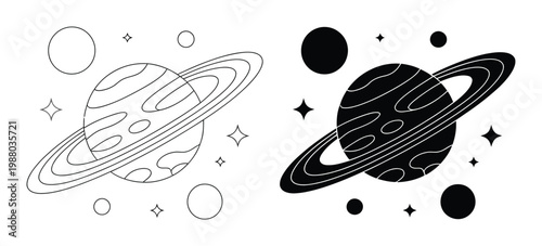 Stylized Planets and Stars: A Cosmic Duo in Outline and Silhouette