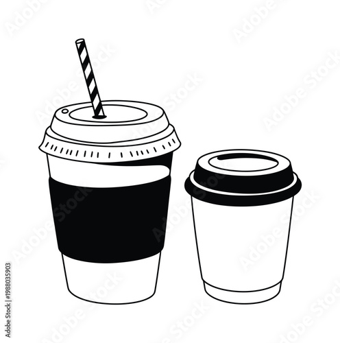 Two stylized disposable coffee cups, one with a straw, black and white